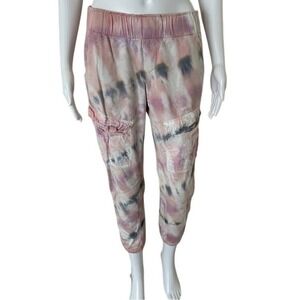YFB Pink Gray Tie Dye Front Cargo Pockets Cotton Blend Joggers Pants Sweats S